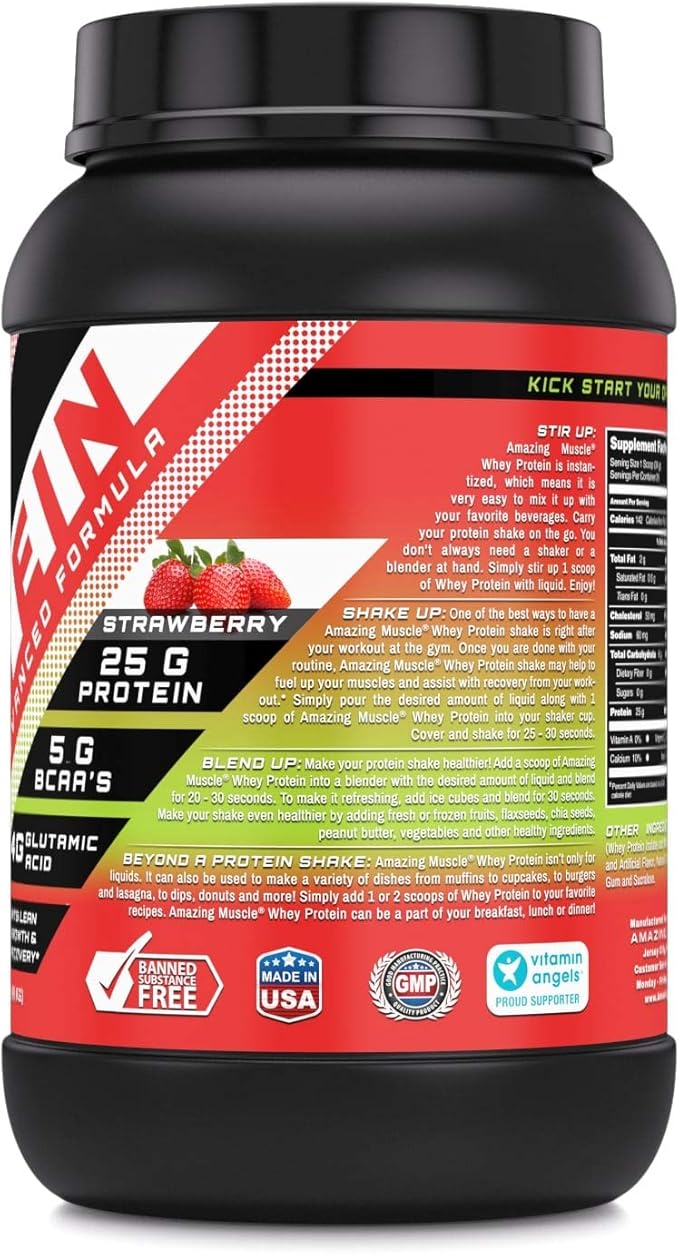 Amazing Muscle 100% Whey Protein Powder *Advanced Formula with Whey Protein Isolate as a Primary Ingredient Along with Ultra Filtered Whey Protein Concentrate (Strawberry 2 lb)