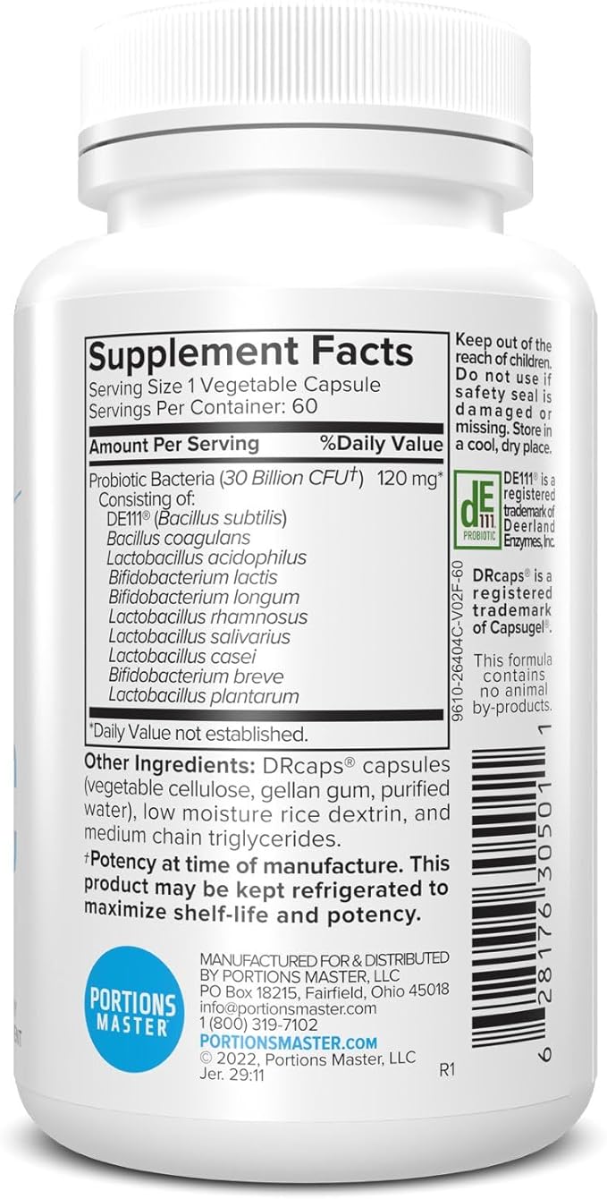 Portions Master 30 Billion Probiotic Plus High Potency Probiotic Supplement with Multiple Strains Supports Digestive Health Immune Balance &amp Gut Flora (60 Vegetarian Capsules)