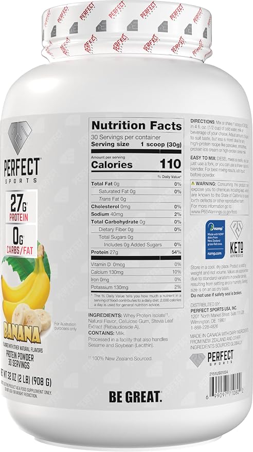 PERFECT SPORTS Diesel 100% New Zealand Whey Protein Isolate | Stevia Sweetened No Artificial Ingredients Keto | 0g Carb 0g Fat 26g Protein | 2 Pounds (Banana)