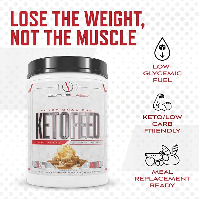 Purus Labs KetoFeed Protein | Keto Low Glycemic Protein Meal Replacement | Low Carb 0 Sugars | Added MCTs | 20g Whey Protein (Salted Vanilla Caramel)