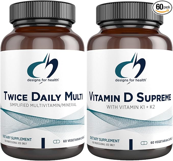 Designs for Health Multivitamin + Vitamin D/K Supplement Bundle - Twice Daily Multi (60 Capsules) with Vitamin D Supreme (60 Capsules) 5000 IU Vitamin D3