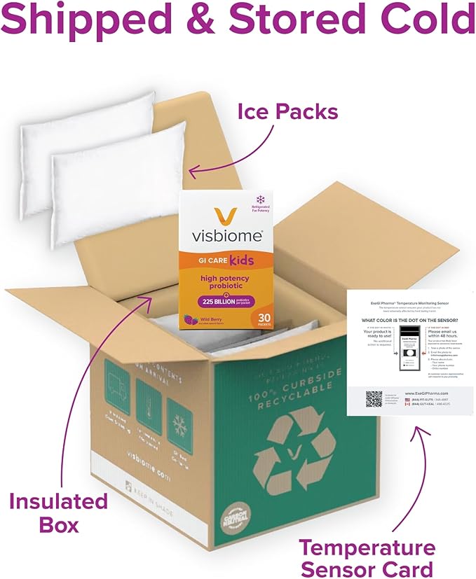 Visbiome® GI Care Kids - High Potency Probiotic for IBS &amp UC Symptoms - Wild Berry Flavor No Dyes- 225 Billion CFU Live Probiotics for Children Cold Chain Shipping 30 Packets
