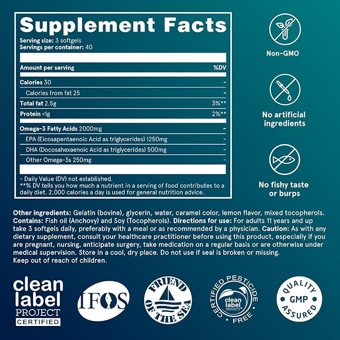 Puori Omega 3 Fish Oil - Ultra Pure 2000mg x 240 Softgels - Heart Brain and Eye Health Supplement - Burpless IFOS Certified Non-GMO Capsules - O3-2000mg EPA 1250mg DHA 500mg