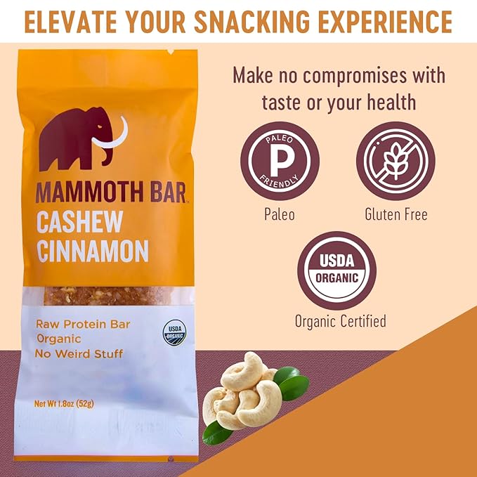 Cashew Cinnamon Bar- Organic Paleo Gluten Free and Raw by Mammoth Bar 10-12g Protein 1.8 Oz. Bar (10 Bars) …