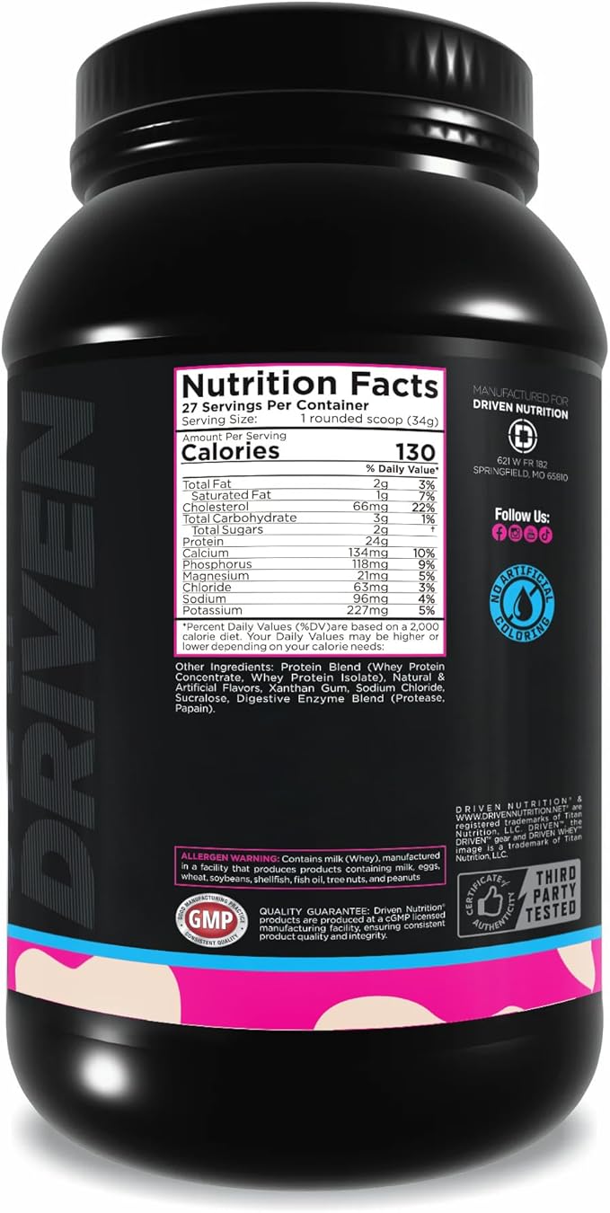 Driven WHEY- Whey Protein Powder: Delicious Clean Protein Shake- Improve Muscle Recovery with 23 Grams of Protein with Added BCAA and Digestive Enzymes (2lb Birthday Cake)