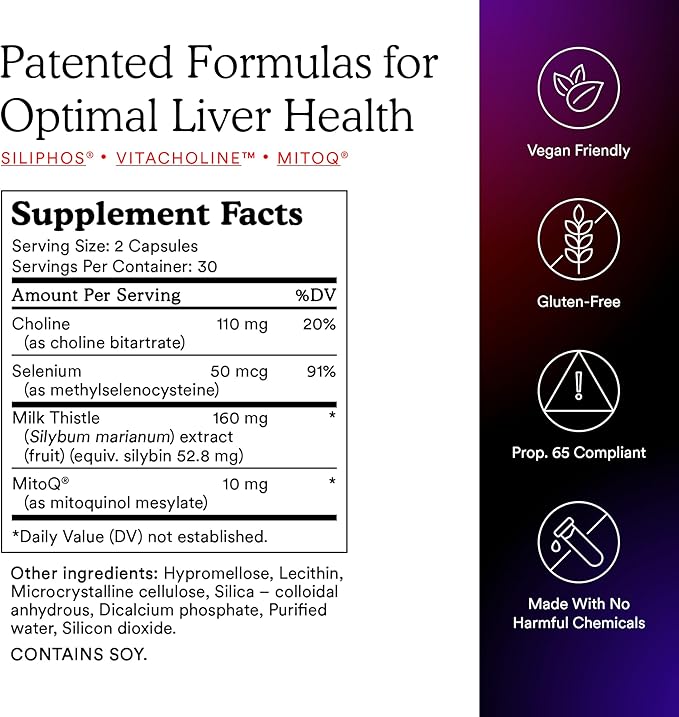 MitoQ +Liver – Advanced Liver Supplement with Highly Bioavailable Milk Thistle Choline Selenium Mitoquinol – Supports Metabolism Body’s Natural Detoxification &amp Liver Health – 60 Capsules