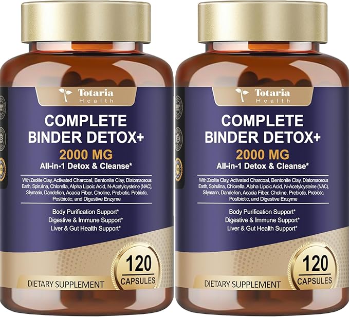 2Pack 2000MG Complete Binder Detox+ Activated Charcoal Zeolite Bentonite Clay NAC Milk Thistle Probiotic All-in-1 Detox &amp Cleanse Supplement Liver &amp Gut Support 240 Capsules