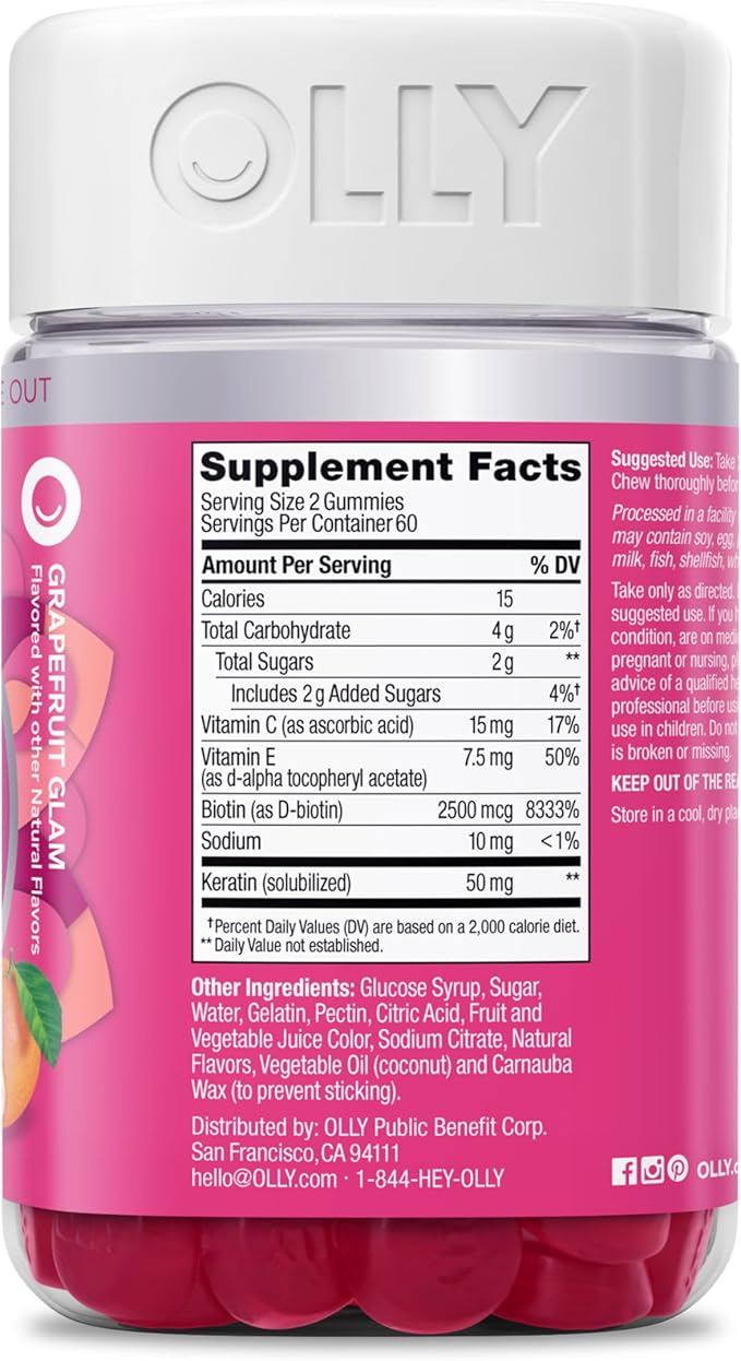 OLLY Undeniable Beauty Gummy for Healthy Hair Skin &amp Nails* Biotin Vitamins C &amp E Keratin Chewable Supplement Grapefruit Flavored 60 Day Supply - 120 Count (Pack of 2)
