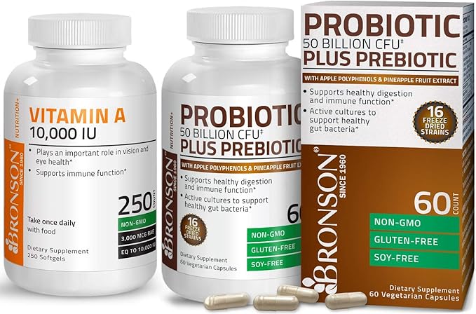 Bronson Probiotic 50 Billion CFU + Prebiotic with Apple Polyphenols &amp Pineapple Fruit Extract + Vitamin A 10000 IU Premium Non-GMO Formula