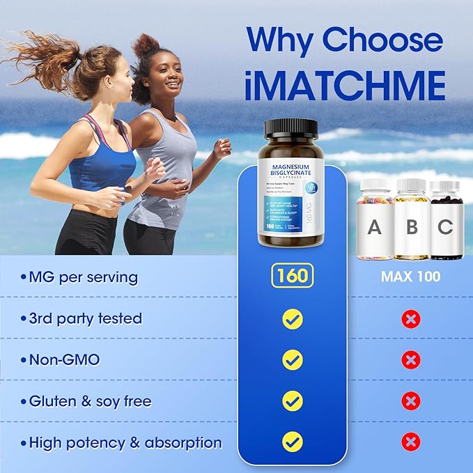 iMATCHME Magnesium Bisglycinate 100% Magnesium Supplement Support to Sleep &amp CalmnessHeart Healthy Muscle &amp Bones Maximum Absorption180 Capsules