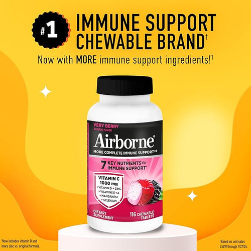 Airborne Vitamin C 1000mg (per Serving) - Very Berry Chewable Tablets (116 Count in a Bottle) Gluten-Free Immune Support Supplement with Vitamins A C E Zinc Selenium Ginger Antioxidants