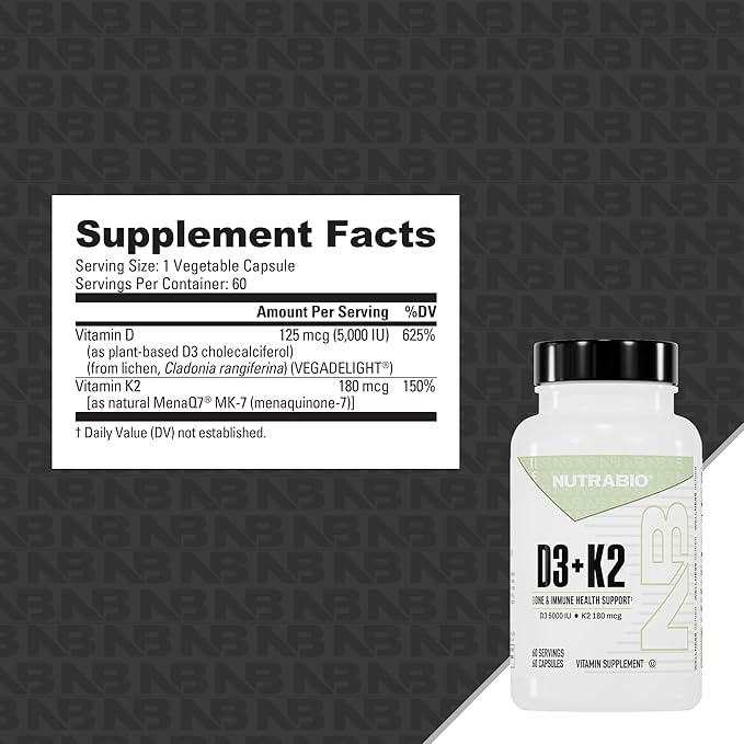 NutraBio Vitamin D3 K2 | 5000 IU D3 as Cholecalciferol with Vitamin K2 as MENA-Q MK7 (180mcg) | Support Bone and Heart Health | Non-GMO Gluten Free Lactose Free | 60 Vegetable Capsules