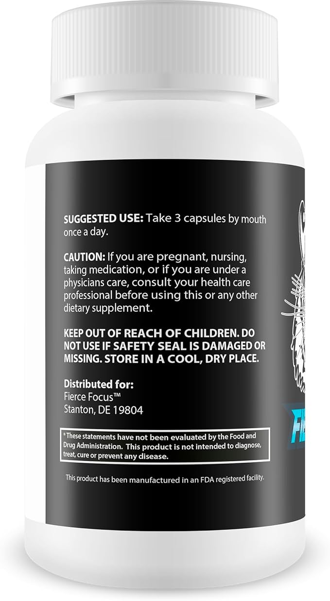 Fierce Focus- Natural Brain Function Support - Memory Focus &amp Clarity Formula -Optimal Performance Natural Nootropic and Cognitive Support Supplement - DMAE- 30 Capsules