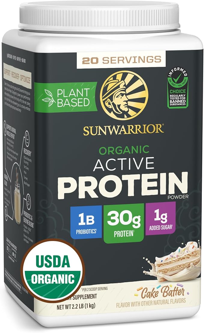 Sunwarrior Organic Plant Based Protein Powder | Vegan Organic Protein Powder with BCAA Amino Acids Plus Recovery Minerals &amp Botanicals | Non-GMO Soy Dairy &amp Gluten Free (Cake Batter 20 Servin