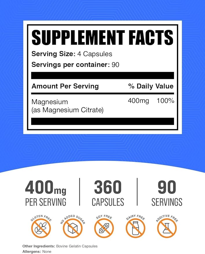 BulkSupplements.com Magnesium Citrate Capsules - Magnesium Supplement Magnesium Citrate 400mg - Gluten Free 4 Capsules per Serving 360 Count (Pack of 1)