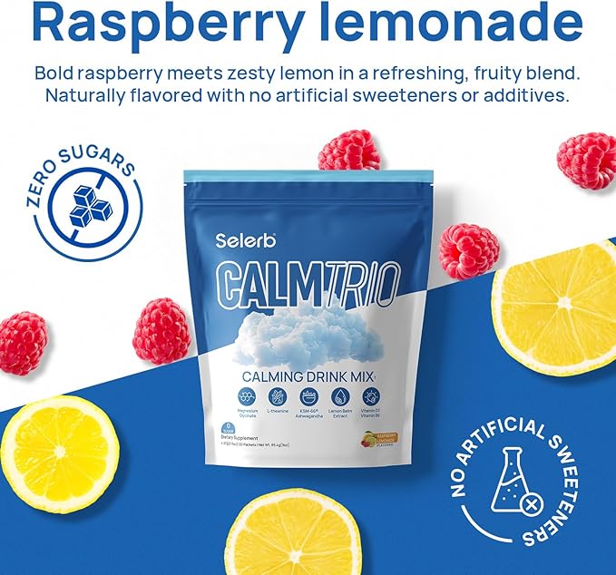 Selerb CalmTrio Magnesium Glycinate Powder Cortisol Drink Mix - No Sugar with L-Theanine Ksm-66® Ashwagandha Lemon Balm Vitamin D3 B6 Supplements for Relax Focus &amp Calm Raspberry Lemon 20 C