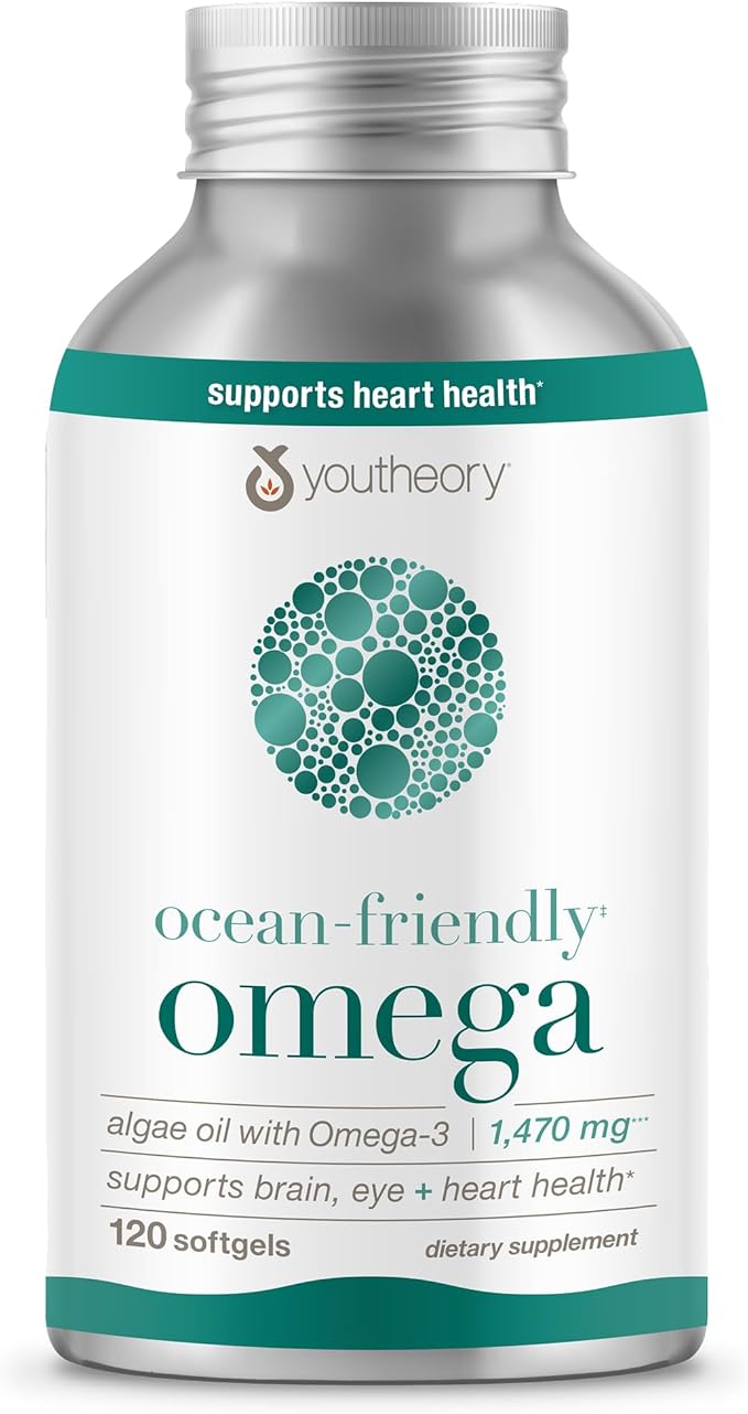 Youtheory Ocean-Friendly Omega - Vegan Algae Omega 3 Softgel - with EPA &amp DHA - Heart Eye &amp Brain Health - Recyclable Aluminum Container - Gluten Soy &amp Dairy Free - 120 Softgels