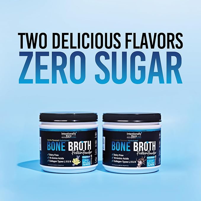 Intentionally Bare Bone Broth Protein Powder Chocolate - Grass Fed Protein Powder with Multi Collagen Peptides Type 1 2 and 3 - Dairy Free Bone Broth Powder for Skin Gut and Joint - 20 Servings