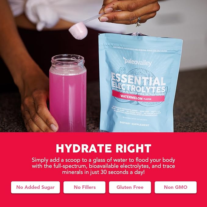 Paleovalley Essential Electrolytes Powder - Full Spectrum Watermelon Electrolyte Powder for Hydration Energy and Muscle Recovery - No Sugar Added - 30 Servings