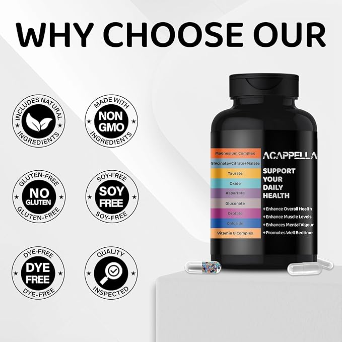 ACAPPELLA Magnesium Complex Capsule Vitamin B Supplement with Malate Magnesium Citrate Glycinate Oxide Taurate - 120 Count