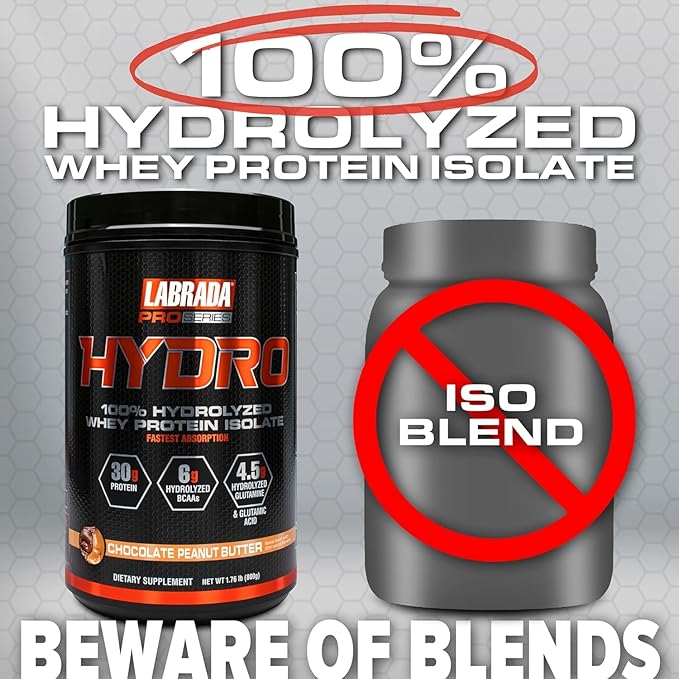 LABRADA HYDRO 100% Pure Hydrolyzed Whey Protein Isolate Powder Lactose free 6g BCAA’s 4.5g Glutamine Fastest Digesting Whey Available Instant Mixing Delicious Taste 20 Servings Choc PeanutButter