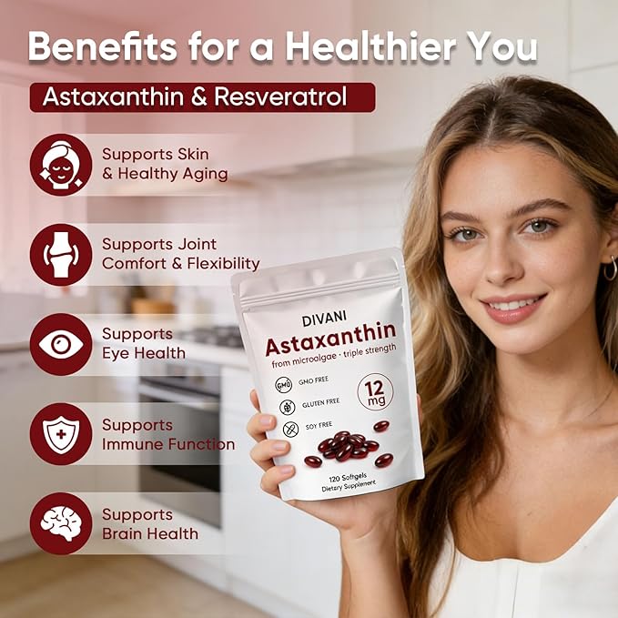 DIVANI Astaxanthin Astaxanthin 12mg Antioxidant Supplement for Daily Wellness Immune Eye &amp Skin Support Non-GMO Gluten Free - 120 Softgels (1)