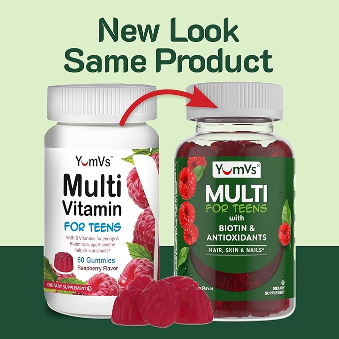 Teen Multivitamin Gummies with Biotin and Antioxidants - Raspberry Flavor - Hair Skin Nails Support - Vegetarian Kosher Teen Vitamins for Boys and Girls 12-17 - 60 Count (Pack of 2)