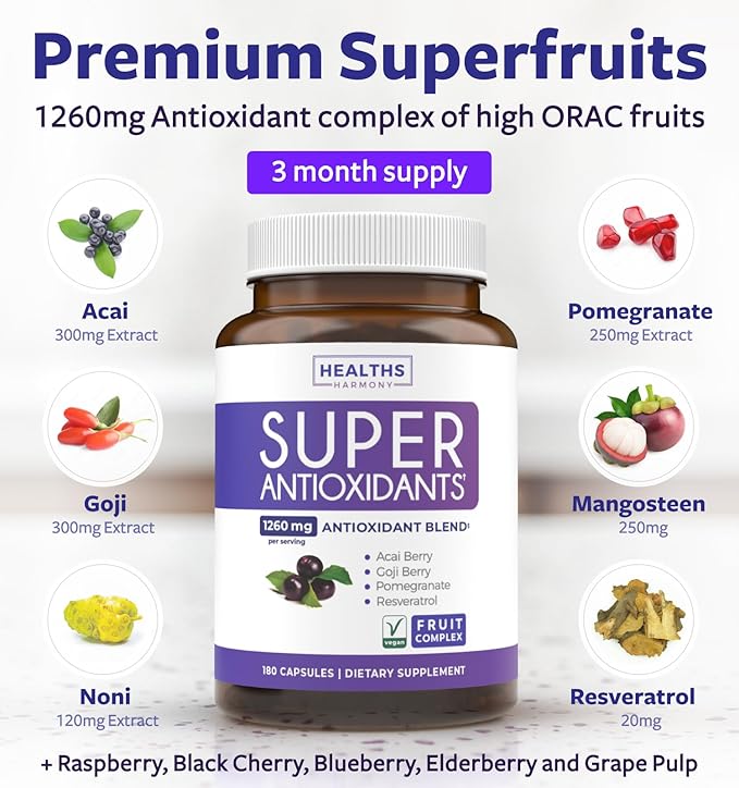 Super Antioxidants Supplement for Women &amp Men - High Potency Herbal &amp Fruit Blend with Acai Goji Pomegranate Elderberry &amp Resveratrol for Skin Care &amp Immune Support - Vegan &amp No