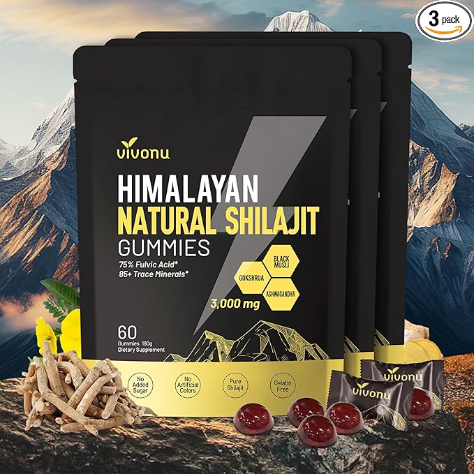 Shilajit Gummies with Ashwagandha &amp Gokshura | 85+ Trace Minerals &amp Fulvic Acid | Organic Non-GMO Micronutrient Supplement for Men &amp Women | 100% Pure &amp Natural