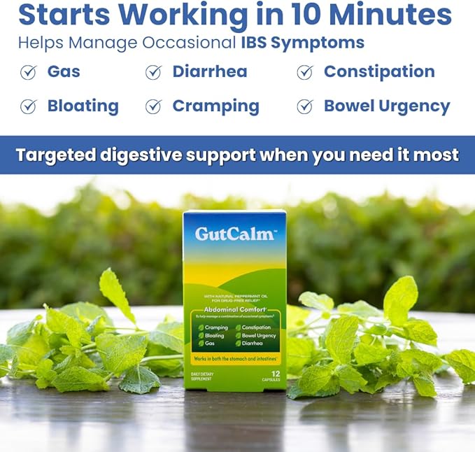 GutCalm - IBS Relief - Peppermint Oil Capsules - Bloating Gas Constipation and Digestive Comfort Supplement - 48 Capsule Bundle - 96/ct