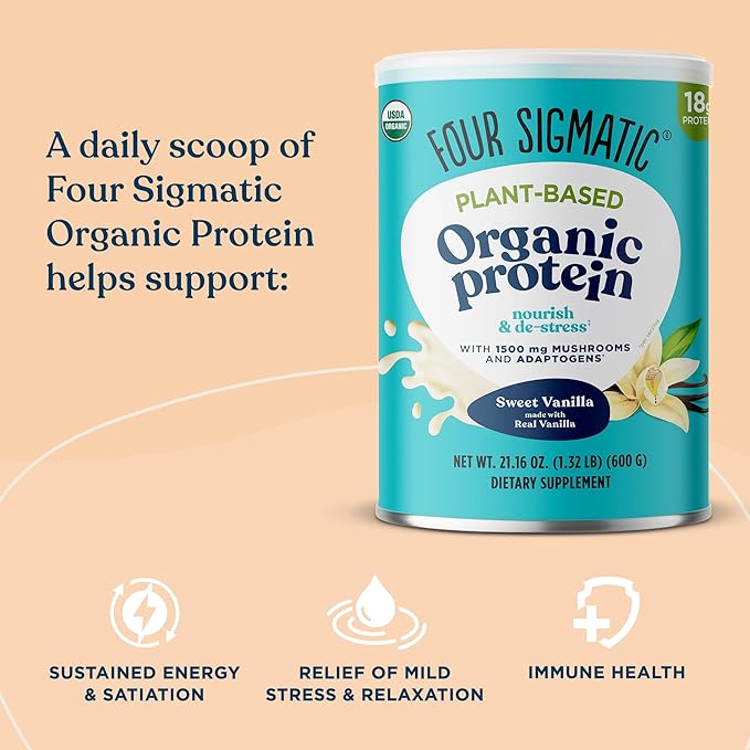 Four Sigmatic Organic Vegan &amp Plant Protein Powders | with Mushrooms Adaptogens | Gluten Free Non-GMO | Vanilla &amp Unflavored