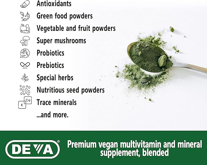 DEVA Tuba Prime Vegan Multivitamin High-Potency Vitamin and Mineral Dietary Supplement Antioxidants Fruit and Vegetable Blend Super Mushrooms Probiotics Prebiotics Seeds Herbs - 90 Tabs 2-Pack