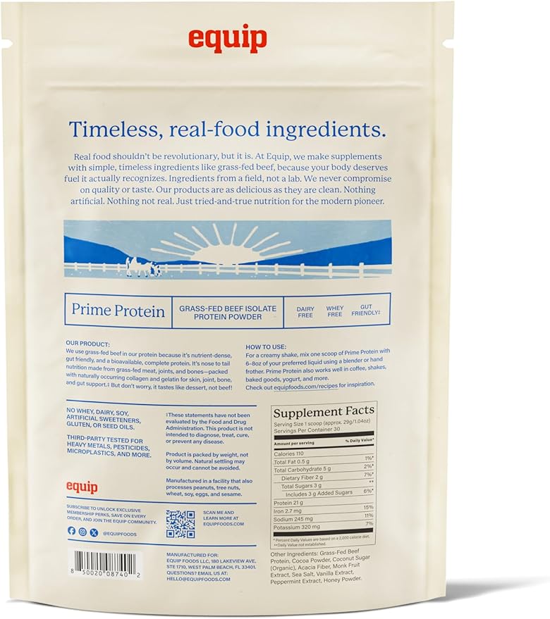 Equip Foods Prime Protein Powder | Clean Grass Fed Beef Protein Powder for Women &amp Men | Carnivore Protein Isolate | Paleo Keto Friendly | Gluten &amp Dairy Free | 30 Servings Chocolate Mint
