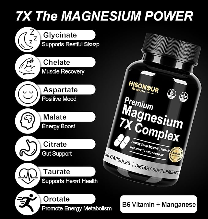 Magnesium Glycinate Complex Supplement - 7 Type Magnesium Complex with Vitamin B6 Magnesio Glycinate Citrate Malate &amp More - High Absorption Vegan Non-GMO - 90 Capsules