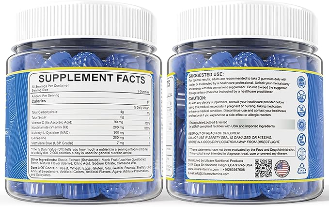 Methylene Blue Gummies 7mg Per Serving for Humans | Upgraded Antioxidant &amp Brain Booster Supplement for Cognitive Function Energy Cellular &amp Mitochondrial Health | Pure Vegan 60 Counts