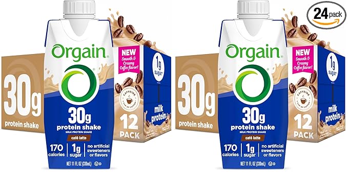 Orgain 30g High Protein ShakeCafé Latte5g BCAAs1g Sugar Per ServingCaffeine from 1 Cup of CoffeeMilk IsolateMeal ReplacementReady to DrinkKeto FriendlyGluten-Free 11 Fl Oz(Pack of 24)