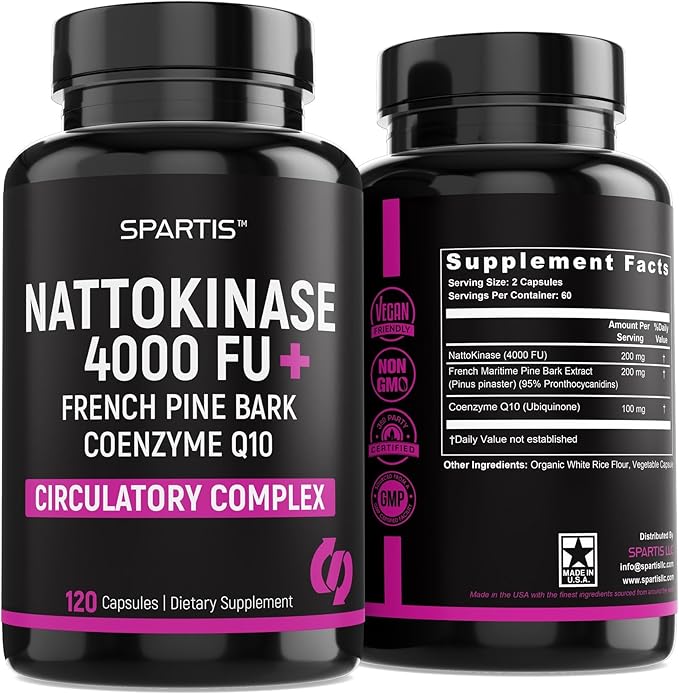 Nattokinase Supplement 4000 FU CoQ10 100mg French Maritime Pine Bark Extract 200mg with Enzymes for Circulatory &amp Cardiovascular Support (Pack of 1 at 120-Caps)