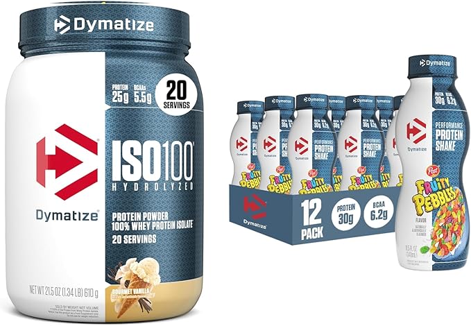 Bundle of Dymatize Performance Protein Shake Fruity Pebbles (12 pack) + ISO100 Whey Protein Powder Isolate Gourmet Vanilla (20 Servings)