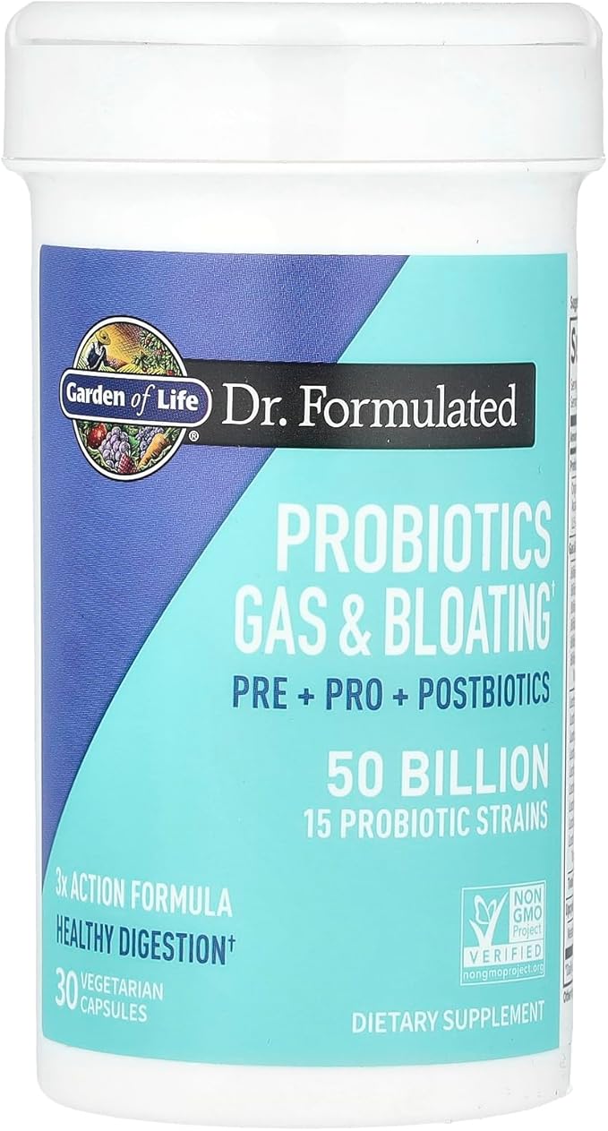Garden of Life Dr. Formulated Pre Post &amp Probiotics Gas &amp Bloating Once Daily 3-in-1 Complete Prebiotics Postbiotics &amp Probiotics – 50 Billion CFU Non-GMO Gluten-Free 30 Day Supply
