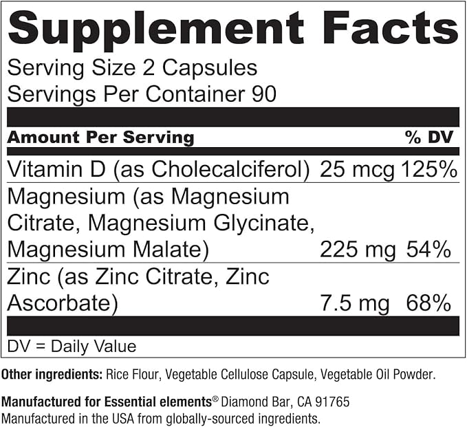 Essential Elements Magnesium Plus Zinc with Vitamin D3 - Scientifically Formulated Heart Bone &amp Muscle Support - 225mg Triple-Strength Magnesium Complex with Glycinate Malate Citrate - 540 Cou
