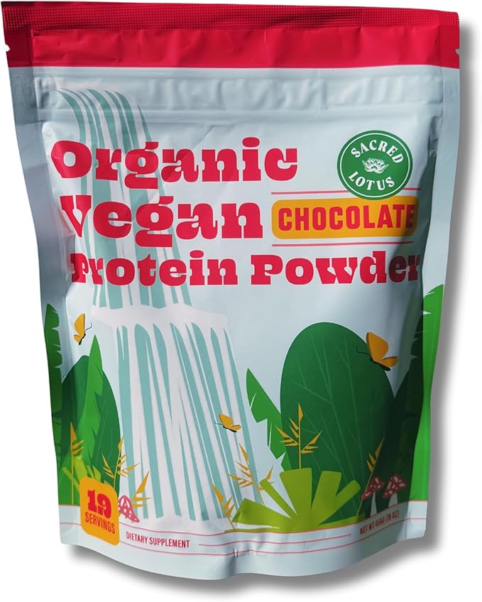 Sacred Lotus Vegan Protein Powder | Organic Chocolate Plant-Based Protein | Brown Rice &amp Pea Protein Blend | No Dairy Soy or Added Sugar | 18g Protein Per Serving | 19 Servings |15.4 oz