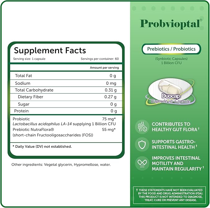 Probvioptal 60 Capsules (1 Year Supply) Probiotics &amp Prebiotics Duocap 1 Billion CFU Gluten Free