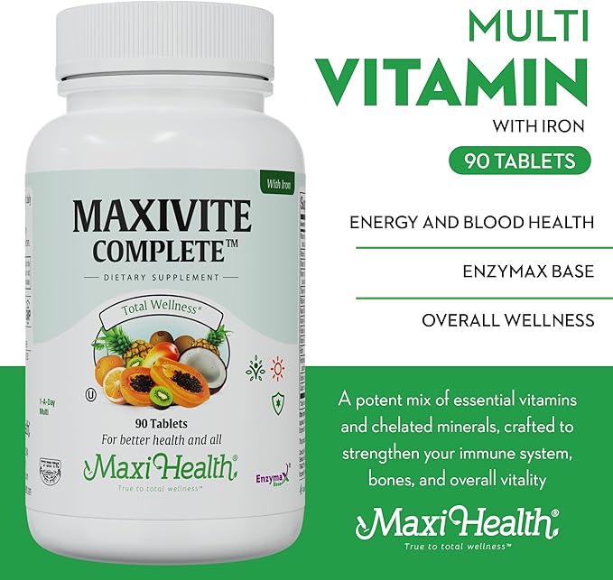 Maxi Health Complete Once Daily Vitamins for Men &amp Women - Multivitamin for Women &amp Men with Iron Vitamin A B1 B2 B3 B6 B12 C D3 E Zinc (90 Tablets)