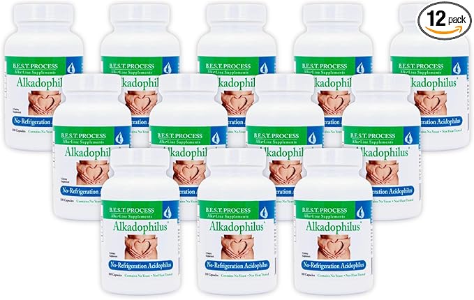 Alkadophilus (12 Pack) Best Process Alkaline — No Refrigeration Probiotic &amp Prebiotic Digestive Supplement — 1.5 Billion CFU of Good Bacteria &amp Beetroot