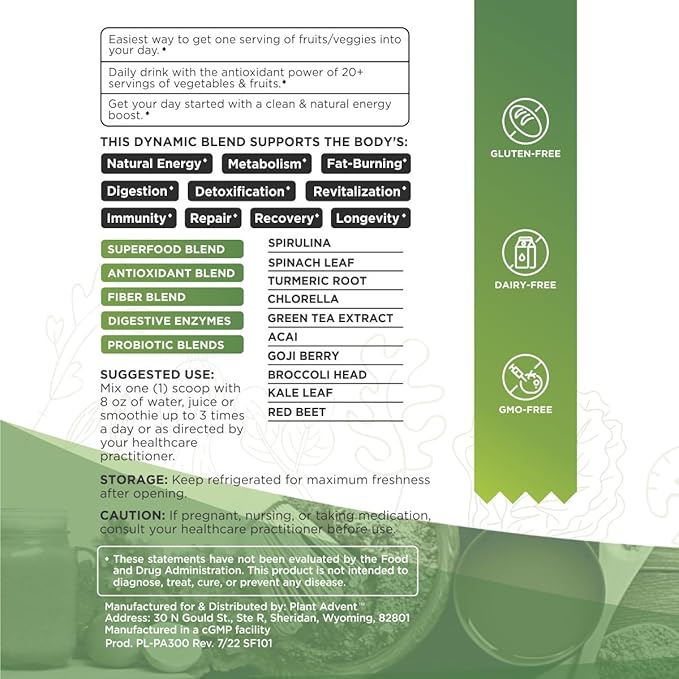 Premium Supergreens and Superfruits Powder with Digestive Enzymes and Probiotics (Strawberry &amp Kiwi). Manufactured by NutriDyn.