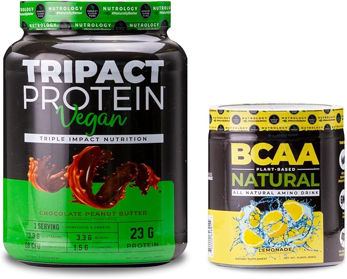 Nutrology TRIPACT Vegan Protein Powder for Vegan Protein Shakes Chocolate Peanut Butter (20 Servings) BCAA Natural Plant Based BCAA Powder Lemonade Flavor (30 Servings)