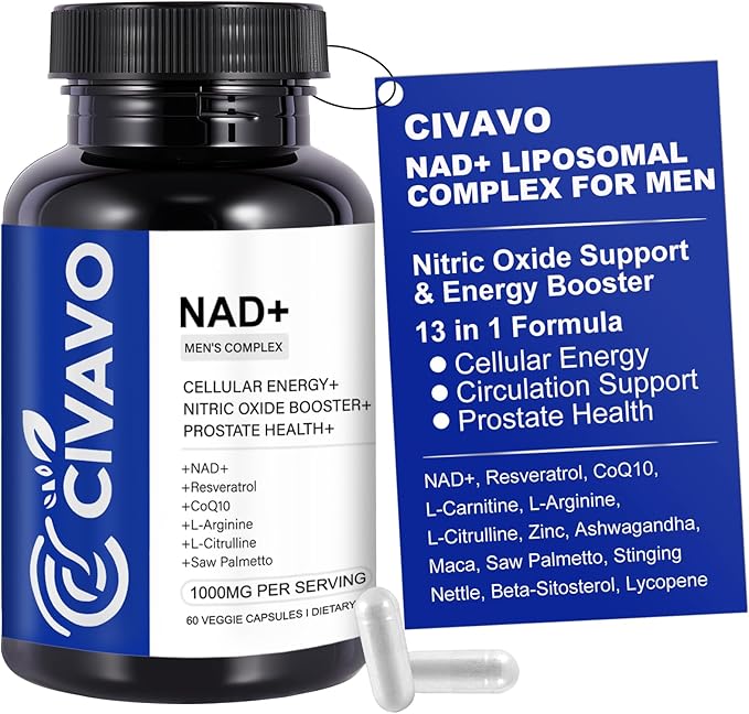 NAD+ Supplement for Men 1000mg Liposomal NAD+ with Resveratrol CoQ10 L-Citrulline &amp Maca Root – Cellular Energy Healthy Aging SupportAntioxidantNitric Oxide Prostate Health for Men – 60 Caps