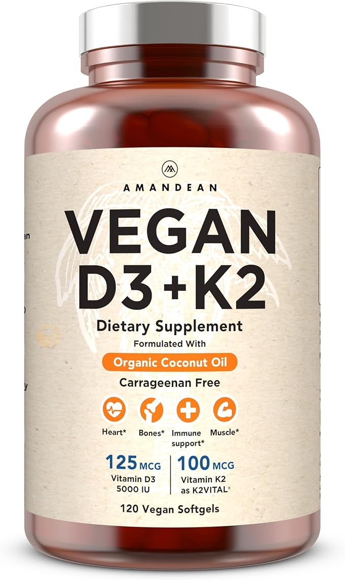 AMANDEAN Vitamin D3 K2. Vegan &amp Plant-Based 5000iu VIT D from Algae. All-Trans MK-7 K2Vital. 120 Softgels. Carrageenan Free. Organic Coconut Oil Blend. for Mood Bones Heart Immune Health.