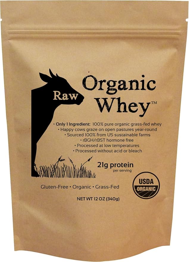 Raw Organic Whey Protein Powder Grass Fed Happy Healthy Cows Undenatured Hormone Free Non-GMO Gluten Free Unflavored Unsweetened Protein 12 oz