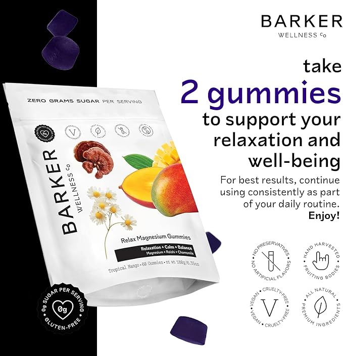 Barker Wellness Magnesium Relax Gummies | Advanced Stress &amp Muscle Tension Relief | Promotes Calm &amp Relaxation with Reishi Mushroom &amp Chamomile | Vegan Sugar-Free Tropical Mango | 60 Gum